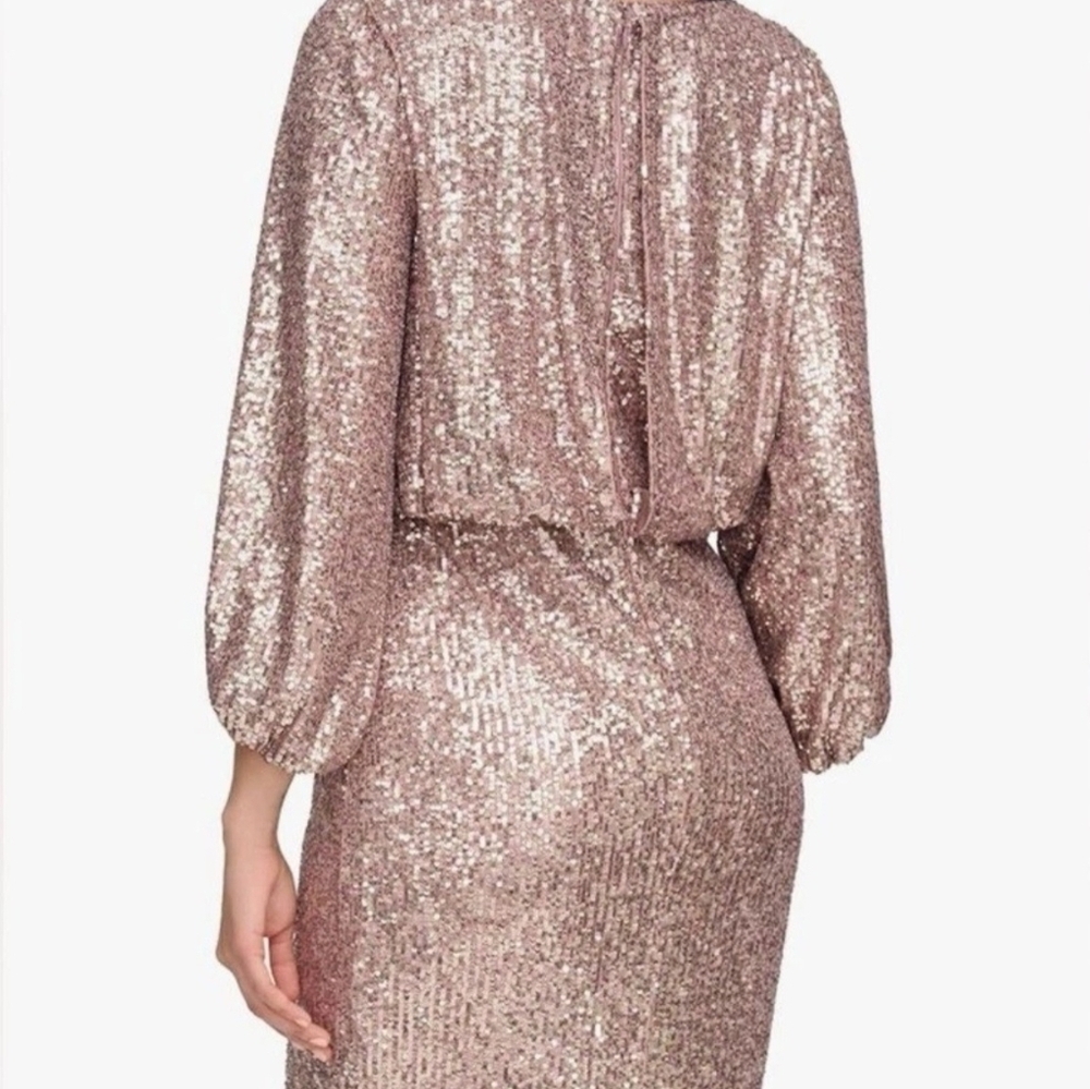 Eliza J Sequin V-Neck Cocktail Mini Dress/ Sheath - Rose Gold/Baloon Sleeves NWT - Picture 3 of 16